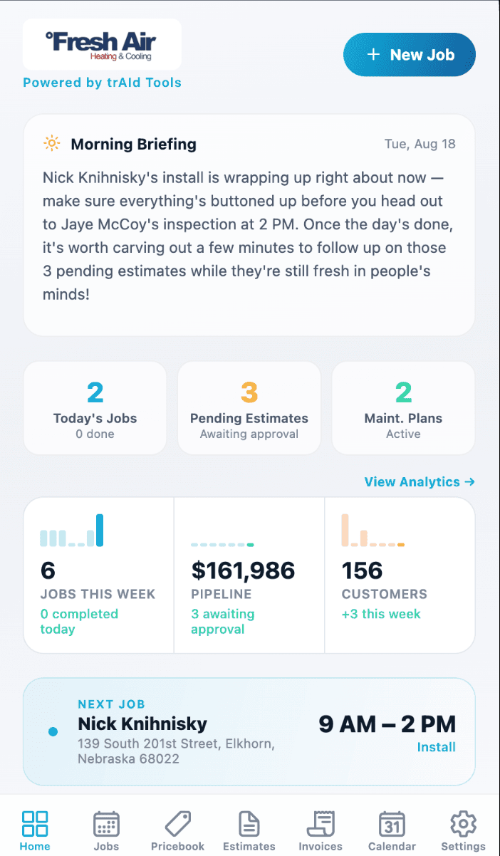 trAIde Tools dashboard — today's jobs, pending estimates, and revenue at a glance