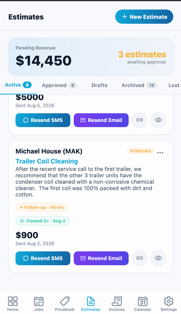 trAIde Tools estimates list with pending revenue and follow-up tracking